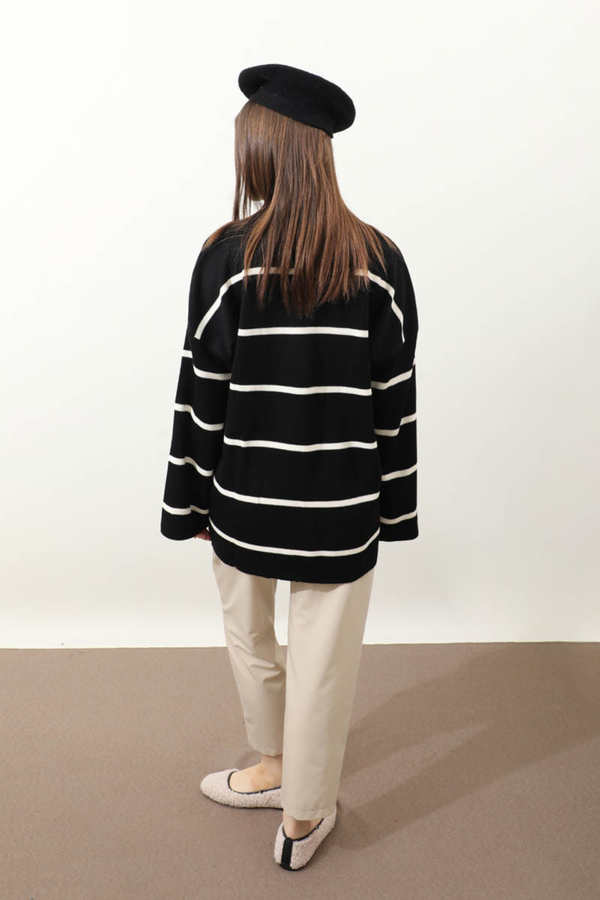 Çizgili Bisiklet Yaka Kazak Siyah - 7