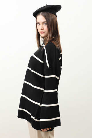 Çizgili Bisiklet Yaka Kazak Siyah - 8