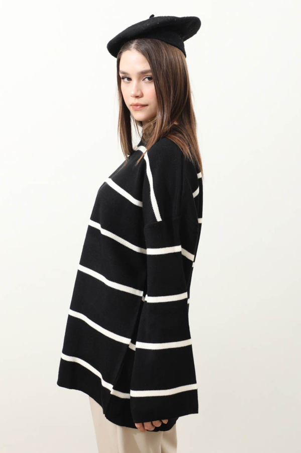 Çizgili Bisiklet Yaka Kazak Siyah - 8