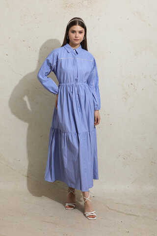 Çizgili Büzgü Elbise Mavi - 1