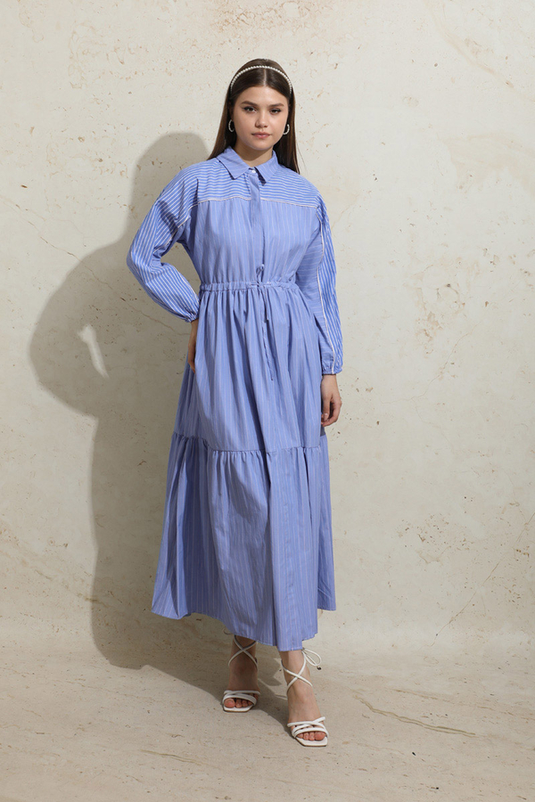 Çizgili Büzgü Elbise Mavi 