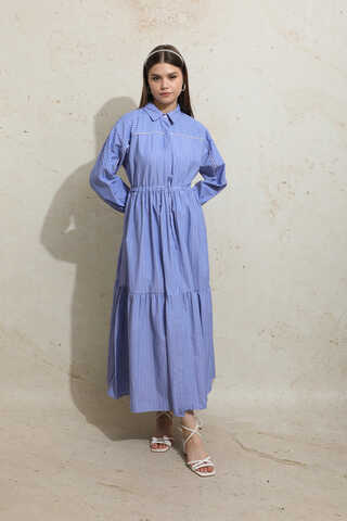 Çizgili Büzgü Elbise Mavi - 3