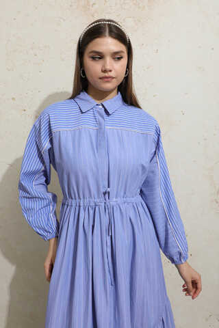 Çizgili Büzgü Elbise Mavi - 2