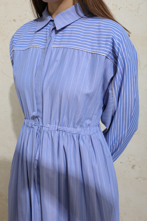 Çizgili Büzgü Elbise Mavi - 4
