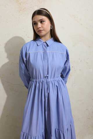 Çizgili Büzgü Elbise Mavi - 5