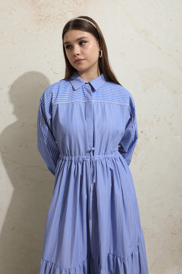 Çizgili Büzgü Elbise Mavi - 5