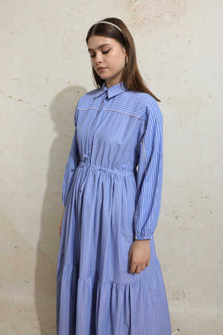 Çizgili Büzgü Elbise Mavi - 6