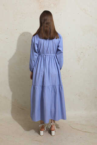 Çizgili Büzgü Elbise Mavi - 8