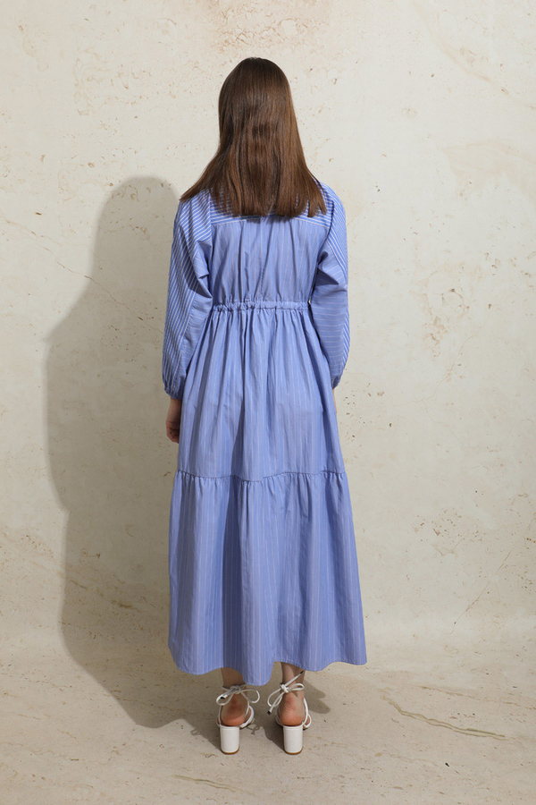 Çizgili Büzgü Elbise Mavi - 8