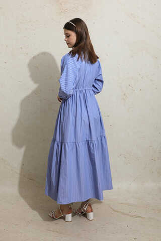 Çizgili Büzgü Elbise Mavi - 7