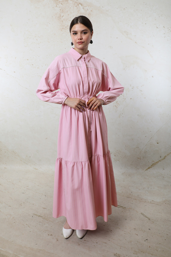 Çizgili Büzgü Elbise Pembe - 4