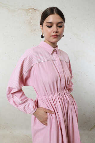 Çizgili Büzgü Elbise Pembe - 3
