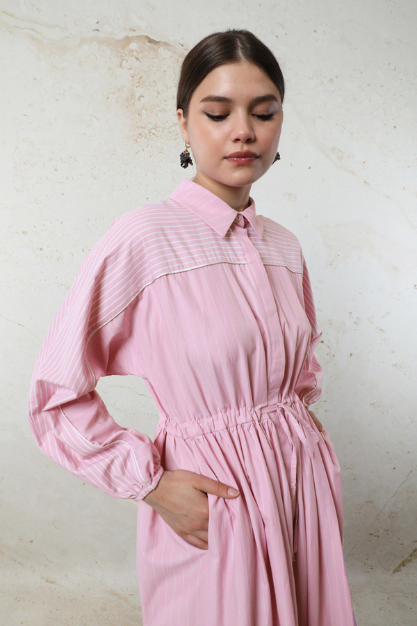 Çizgili Büzgü Elbise Pembe - 3