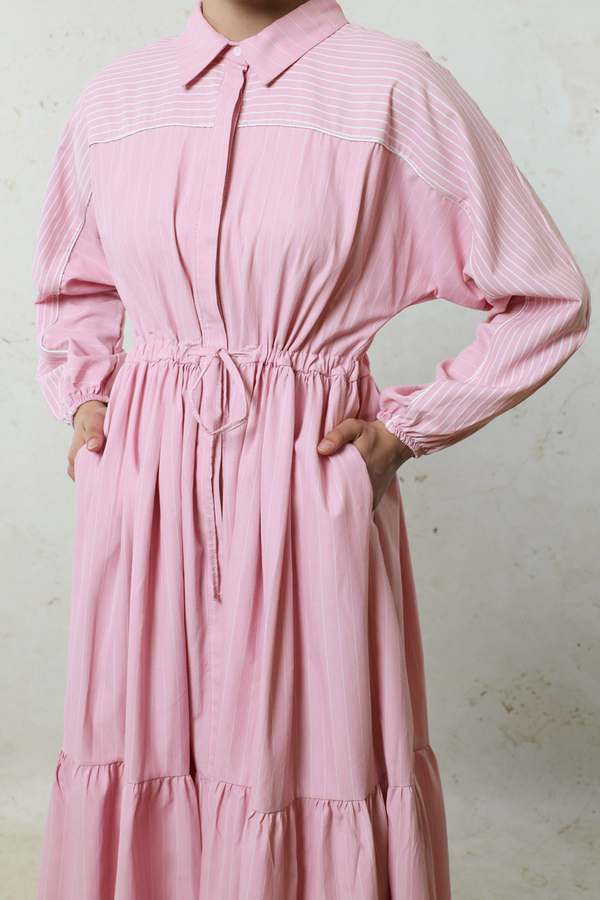 Çizgili Büzgü Elbise Pembe - 1