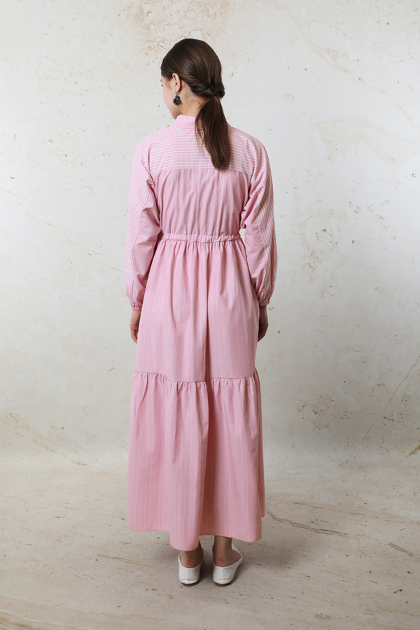 Çizgili Büzgü Elbise Pembe - 6