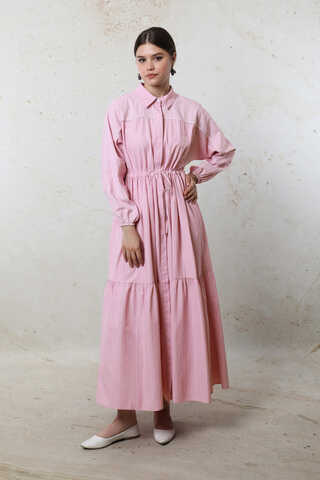 Çizgili Büzgü Elbise Pembe - 2