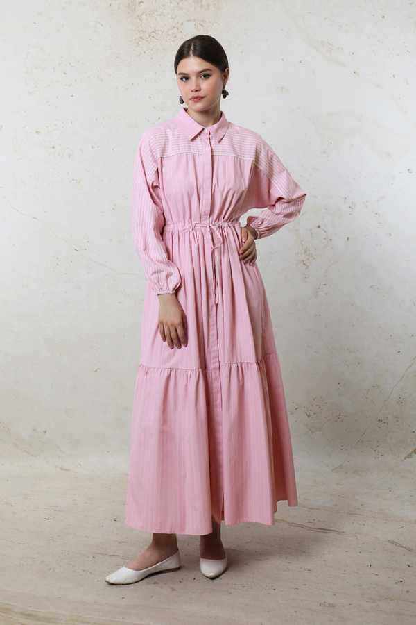 Çizgili Büzgü Elbise Pembe - 2