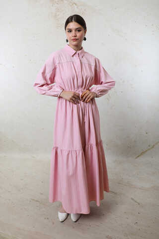 Çizgili Büzgü Elbise Pembe - 4