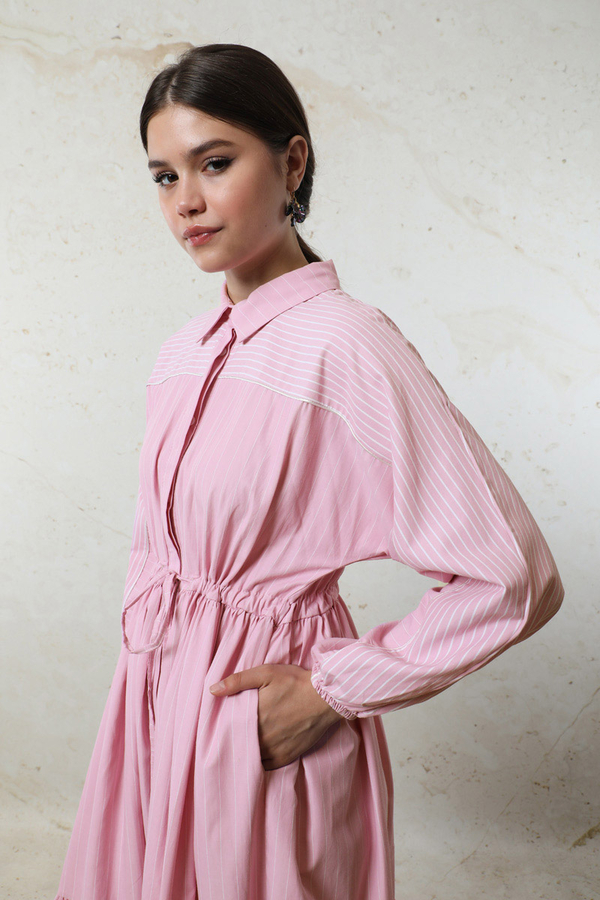 Çizgili Büzgü Elbise Pembe - 5