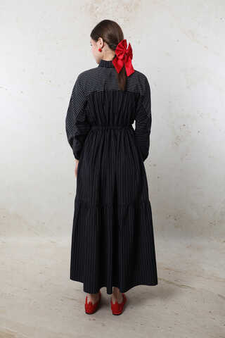 Çizgili Büzgü Elbise Siyah - 7