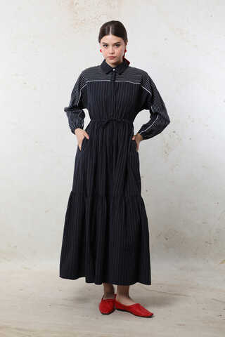 Çizgili Büzgü Elbise Siyah - 3