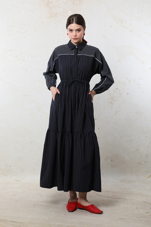 Çizgili Büzgü Elbise Siyah - 3