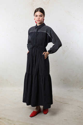 Çizgili Büzgü Elbise Siyah - 5