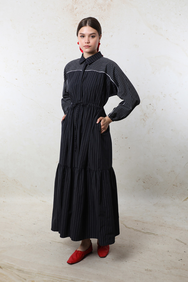Çizgili Büzgü Elbise Siyah - 5