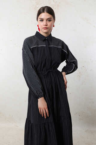Çizgili Büzgü Elbise Siyah - 4