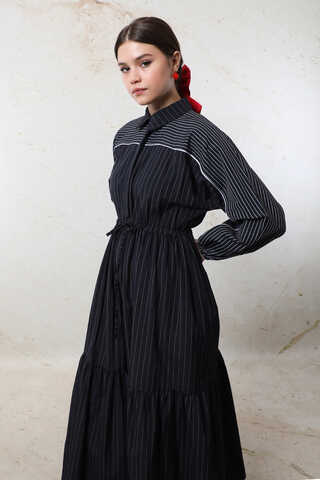 Çizgili Büzgü Elbise Siyah - 6
