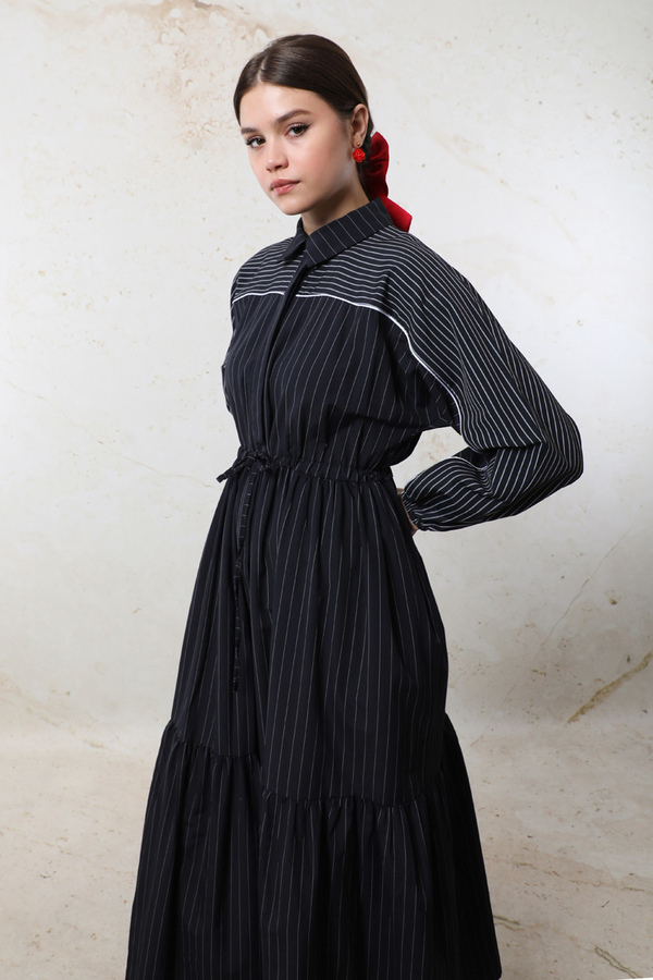 Çizgili Büzgü Elbise Siyah - 6