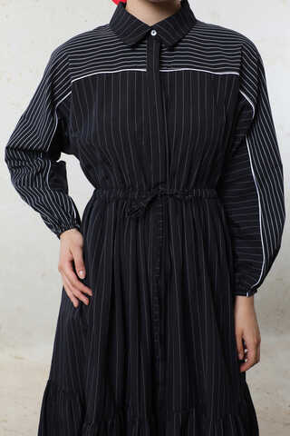 Çizgili Büzgü Elbise Siyah - 2