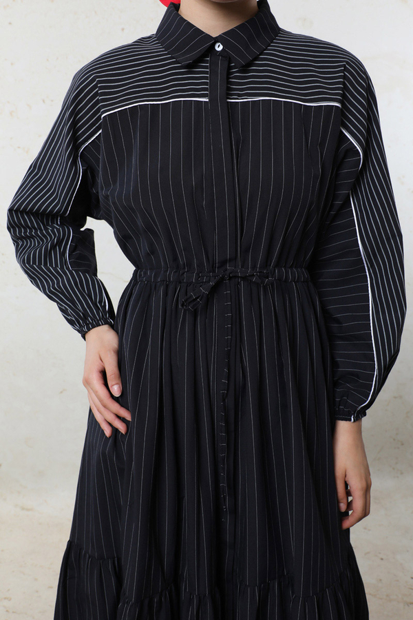 Çizgili Büzgü Elbise Siyah - 2