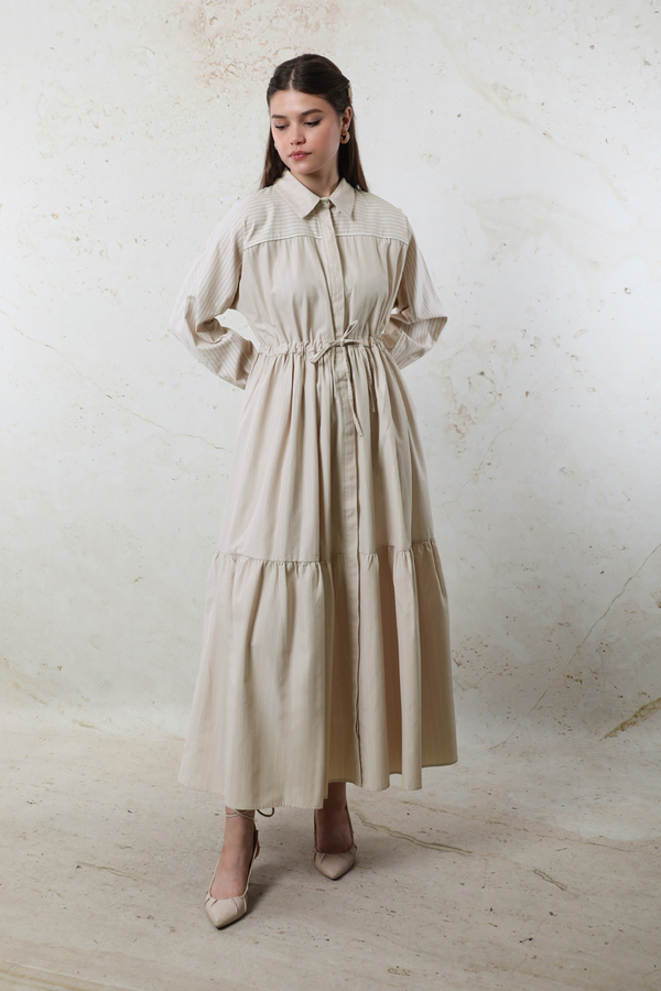 Çizgili Büzgü Elbise Taş - 1