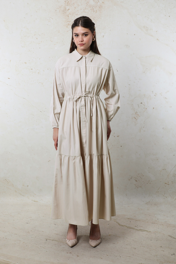 Çizgili Büzgü Elbise Taş - 3