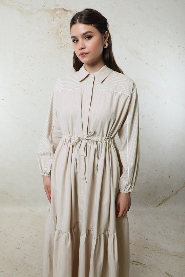 Çizgili Büzgü Elbise Taş - 5