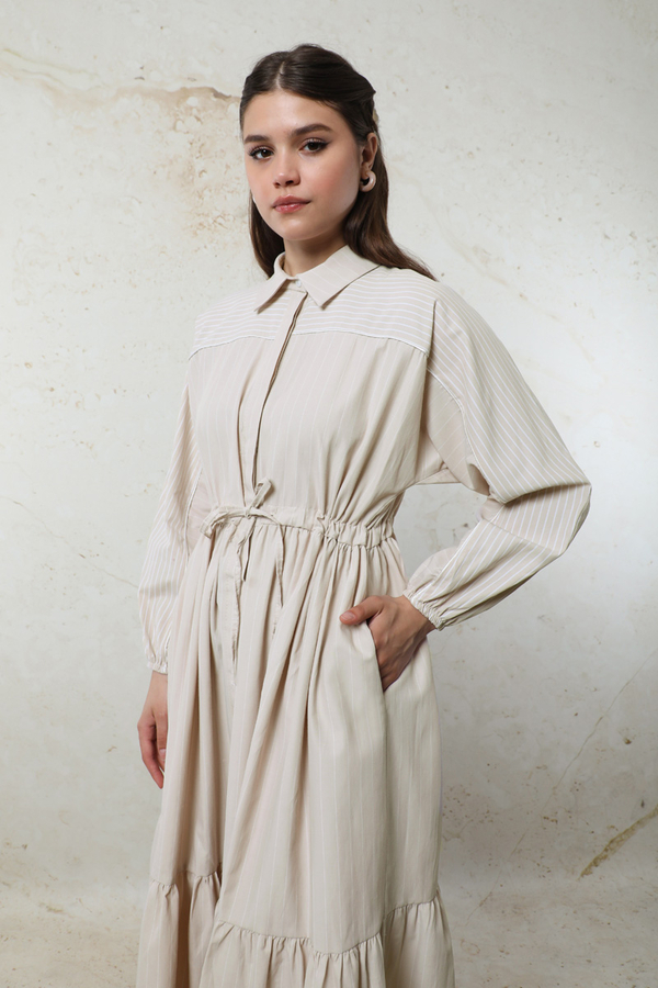 Çizgili Büzgü Elbise Taş - 2