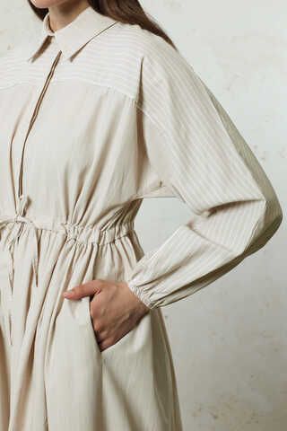 Çizgili Büzgü Elbise Taş - 4