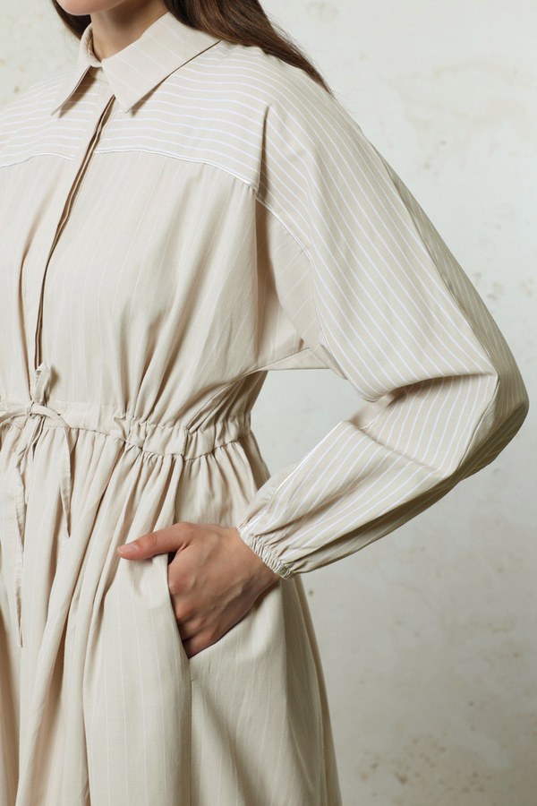 Çizgili Büzgü Elbise Taş - 4