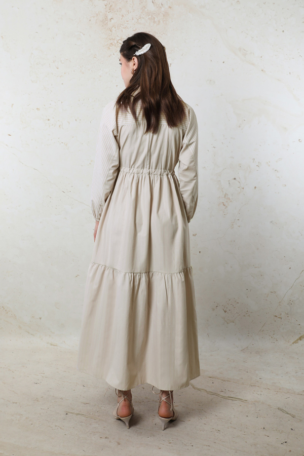 Çizgili Büzgü Elbise Taş - 6