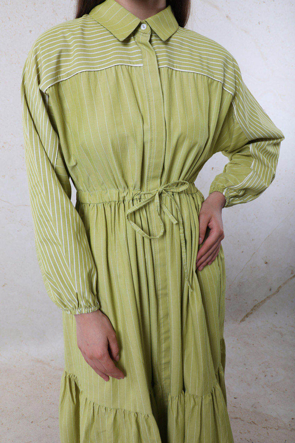 Çizgili Büzgü Elbise Yağ Yeşili - 3