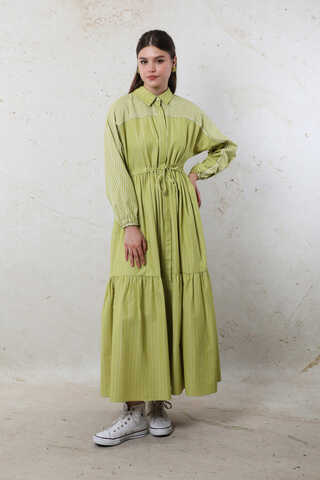 Çizgili Büzgü Elbise Yağ Yeşili - 2