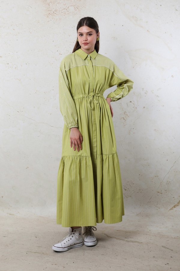 Çizgili Büzgü Elbise Yağ Yeşili - 2