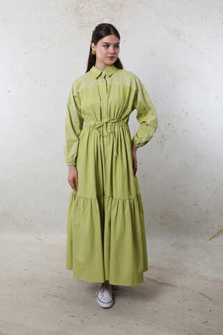 Çizgili Büzgü Elbise Yağ Yeşili - 4