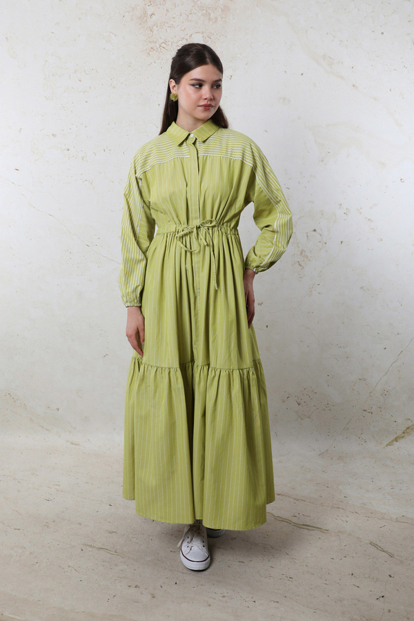 Çizgili Büzgü Elbise Yağ Yeşili - 4