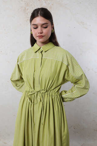 Çizgili Büzgü Elbise Yağ Yeşili - 5