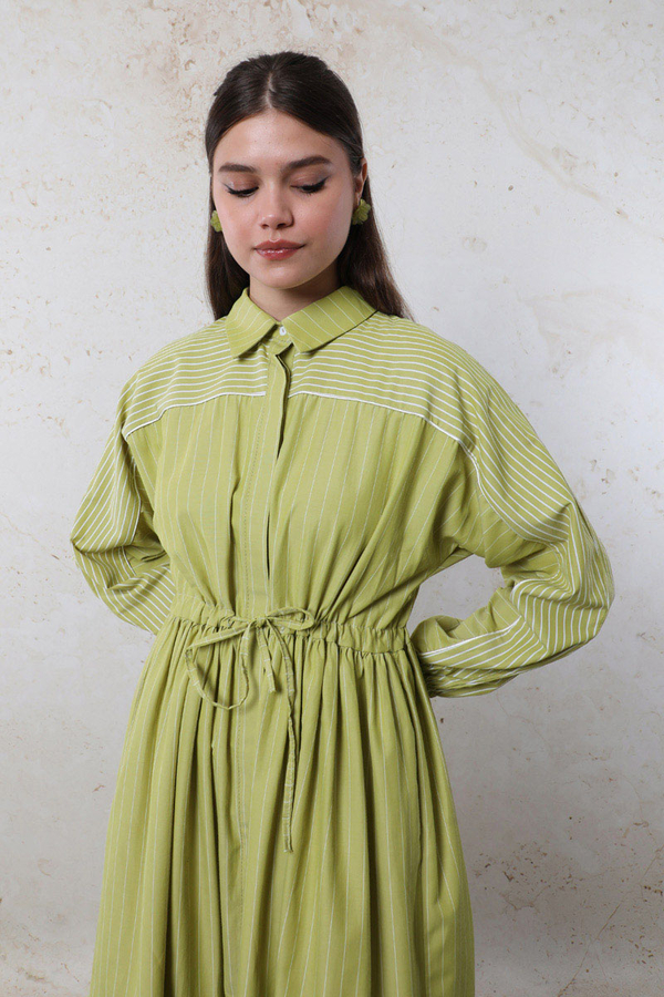 Çizgili Büzgü Elbise Yağ Yeşili - 5