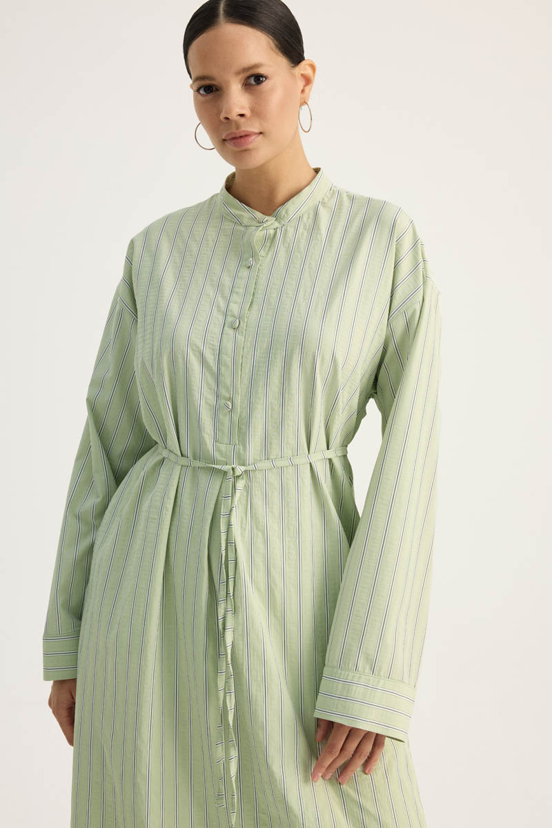 Çizgili Hakim Yaka Tunik Açık Yeşil