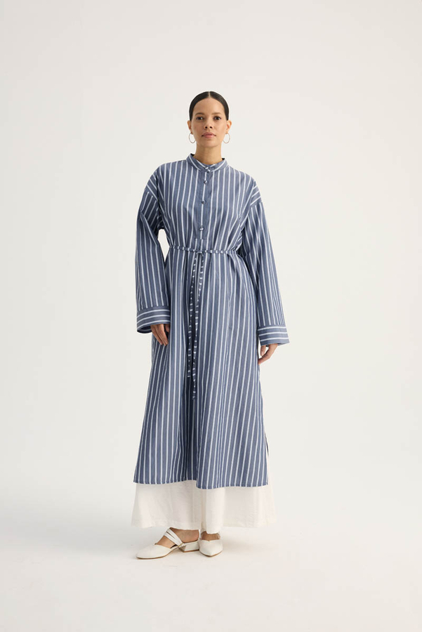 Çizgili Hakim Yaka Tunik İndigo - 3