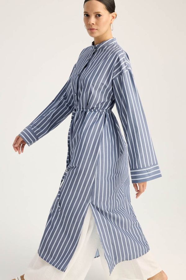 Çizgili Hakim Yaka Tunik İndigo - 1